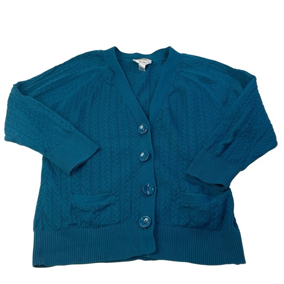 Talbots Petites Pima Cotton Cable Knit Cardigan Sweater L Teal Blue - Picture 6 of 7